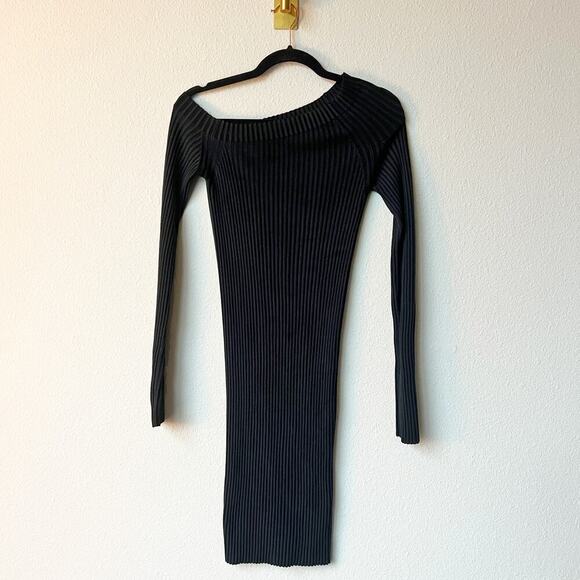 Helmut Lang Black Ribbed Dress Asymmetrical Neckline Size L - Picture 3 of 6